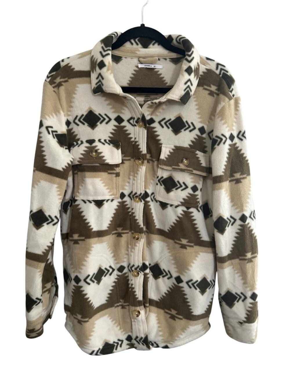 O’Neill Women Small Button Brown Pockets Fleece Shirt Jacket Aztec Southwest #NE